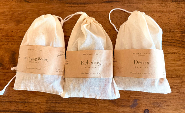 Radiantly You herbal Bath Tea Trio on wood: Detox, Relaxing and Anti-Aging Beauty bath tea bags with moringa, lavender and ginger, handcrafted in Western NY